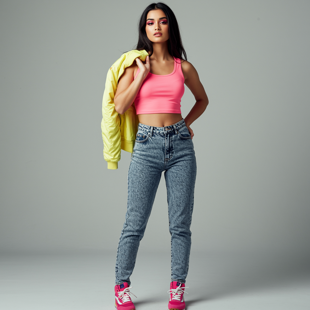 Example of an 80s outfit featuring bold colors and power shoulders