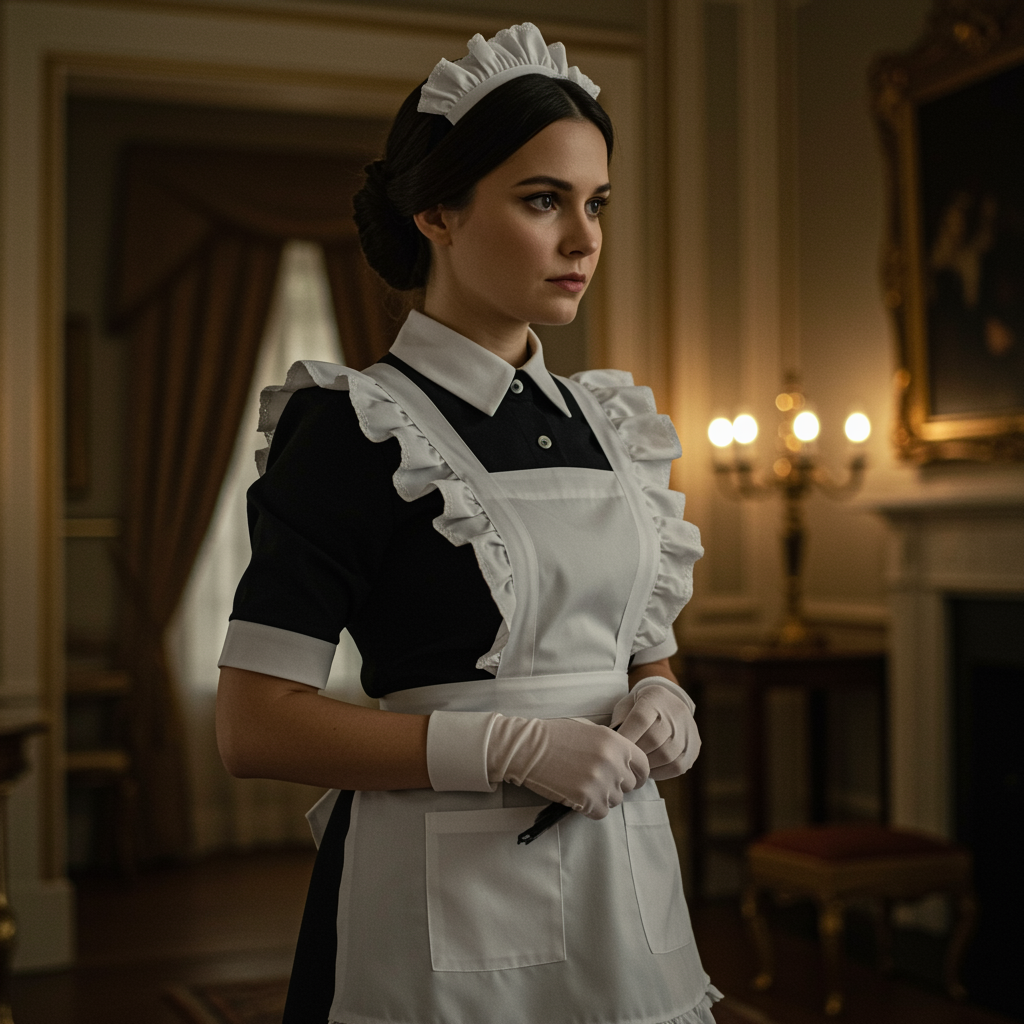 Classic maid outfit with black dress, white apron, and frilly headband