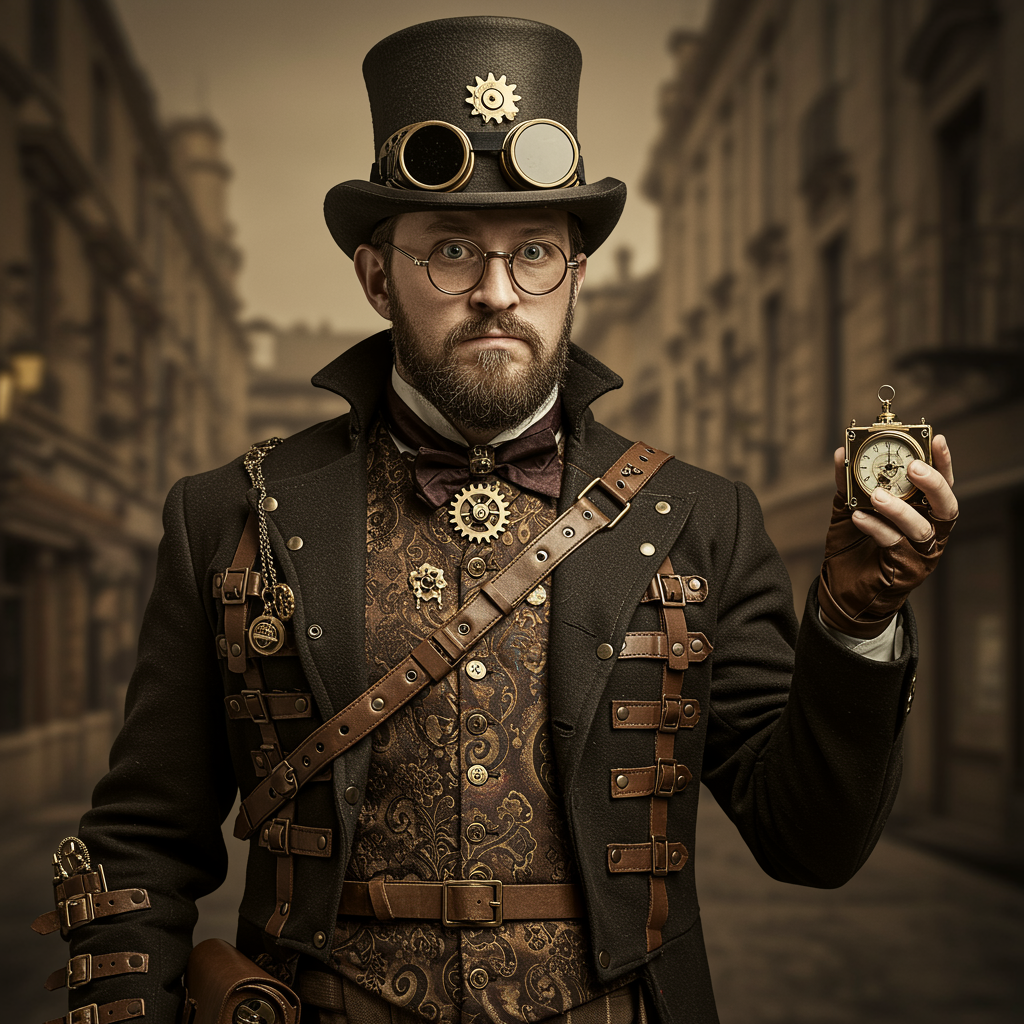 Example of a Steampunk outfit with Victorian elements, goggles, and gear details